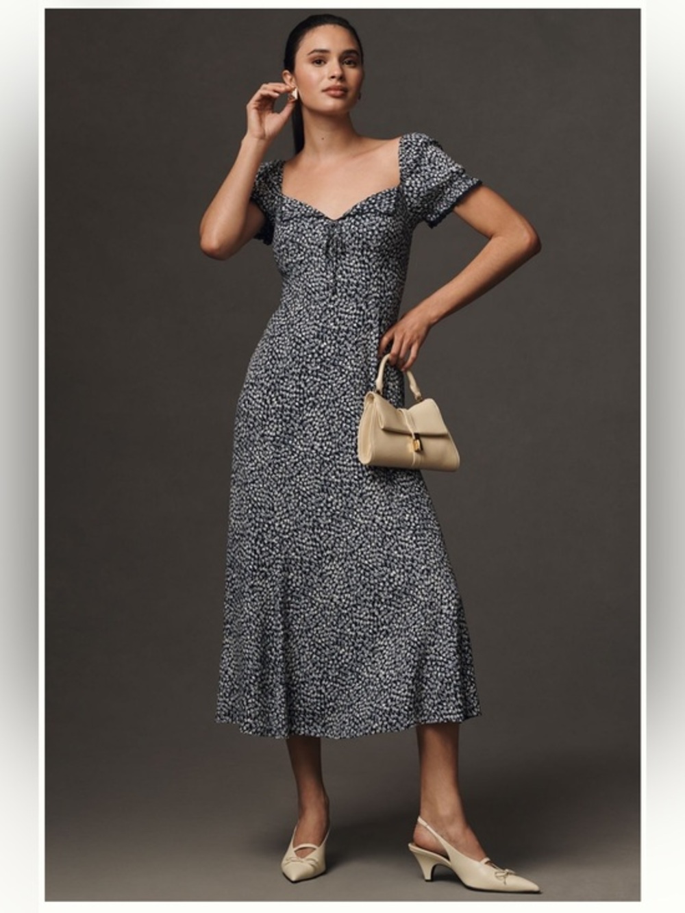 Reformation Navy and White Printed Sweetheart Midi Dress